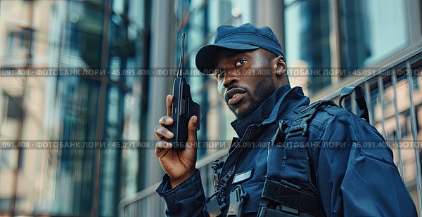 A security officer working on the street reports the situation on a walkie-talkie. The concept of safety and security. Стоковое AI-изображение, AI-художник Ярославский Максим / Фотобанк Лори