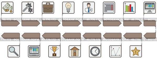 A sequence of business-related icons aligned with arrows, illustrating workflows like financial management, analysis, planning, and performance. Ideal for corporate, business processes, finance. Step-by-Step Business Process with Various Icons Representing Stages and Tasks. Стоковая иллюстрация, агентство Ingram Publishing / Фотобанк Лори