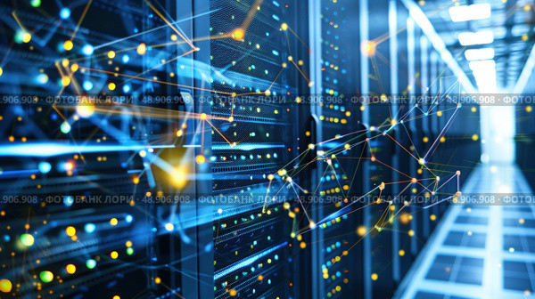 A server in a data center emits a soft glow amidst rows of equipment. The lights reflect off the metallic surfaces, creating an atmosphere of technology and data processing. Стоковое AI-изображение, AI-художник Данила Большаков / Фотобанк Лори