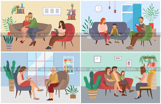 A set of scenes about psychotherapy sessions with family and psychotherapist. People sit at the reception of a specialist. Different psychologists write down their patients problems on paper. A set of scenes about psychotherapy sessions, family with child, elderly woman and psychotherapist. Стоковая иллюстрация, агентство Ingram Publishing / Фотобанк Лори