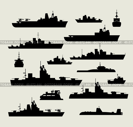 A set of silhouettes of warships for design and creativity. Стоковая иллюстрация, агентство Ingram Publishing / Фотобанк Лори