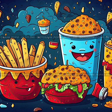 A set of vector icons for quick cooking. hamburger, kebab, French fries in the style of kawaii. Стоковое AI-изображение, AI-художник Ярославский Максим / Фотобанк Лори