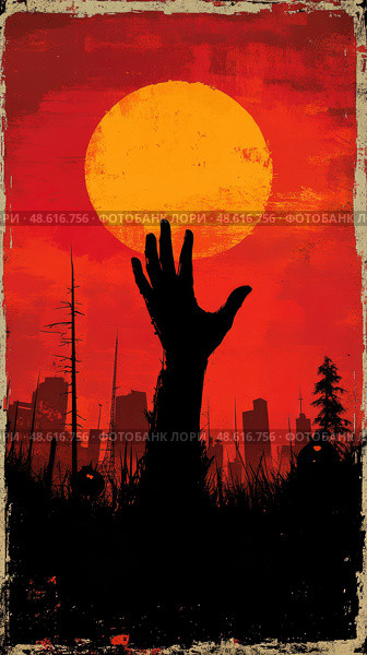 A shadowy hand stretches upward toward a vibrant orange sun, set against a backdrop of a dim city and silhouettes of barren trees. Стоковое AI-изображение, AI-художник Данила Большаков / Фотобанк Лори