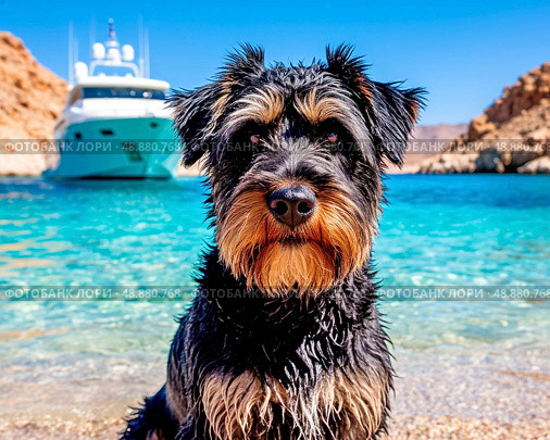 A shaggy black terrier sits in the shallow water. Стоковое AI-изображение, AI-художник Сергей Елизарьев / Фотобанк Лори