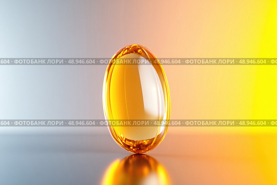 A shiny golden vitamin D capsule sits on a divided background of light gray and soft coral. The capsule's subtle reflections and magnified appearance emphasize its glossy, health-related allure. Стоковое AI-изображение, AI-художник Nart / Фотобанк Лори