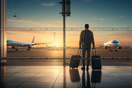 A silhouette of a man with two suitcases against the background of a sunset field with an airplane ready to board passengers. Стоковое AI-изображение, AI-художник Ярославский Максим / Фотобанк Лори