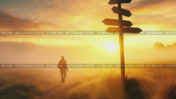 A silhouette of a person walking towards a signpost in a foggy landscape during sunrise. The scene conveys a sense of exploration and decision-making. Стоковое AI-видео, аниматор Nart / Фотобанк Лори
