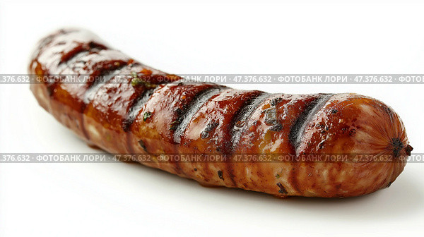 A single juicy grilled sausage with a deep brown isolated on a white background. Одна сочная сосиска-гриль глубокого коричневого цвета на белом фоне. Стоковое AI-изображение, AI-художник Katsiaryna Repich / Фотобанк Лори