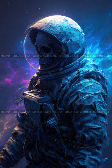 A skeleton astronaut is wearing a space suit and standing in front of a blue. Стоковое AI-изображение, AI-художник Ярославский Максим / Фотобанк Лори