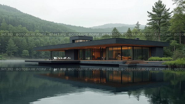A Sleek Modern House Sits on the Edge of a Serene Lake, Mirroring Its Design in the Still Water. Стоковое AI-изображение, AI-художник Sergey Grishin / Фотобанк Лори