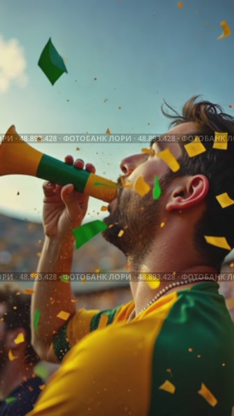 A slow-motion shot of a fan blowing a vuvuzela, their cheeks puffed out, confetti flying around them as their team scores a goal. Стоковое AI-видео, аниматор Sergey Grishin / Фотобанк Лори