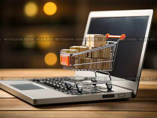 A small cart from the supermarket is on the laptop keyboard. Generated by AI. Стоковое AI-изображение, AI-художник Ярославский Максим / Фотобанк Лори