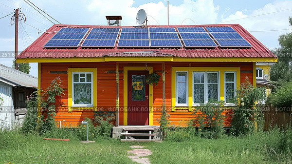 A small country house with solar panels on the roof. Eco-friendly energy. Стоковое AI-изображение, AI-художник Ярославский Максим / Фотобанк Лори