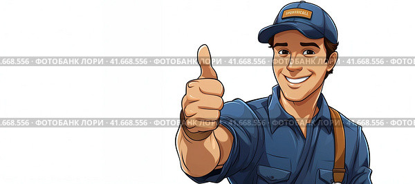 A smiling young handsome courier in a blue uniform, standing with his thumbs raised against an isolated white background. Стоковое AI-изображение, AI-художник Ярославский Максим / Фотобанк Лори