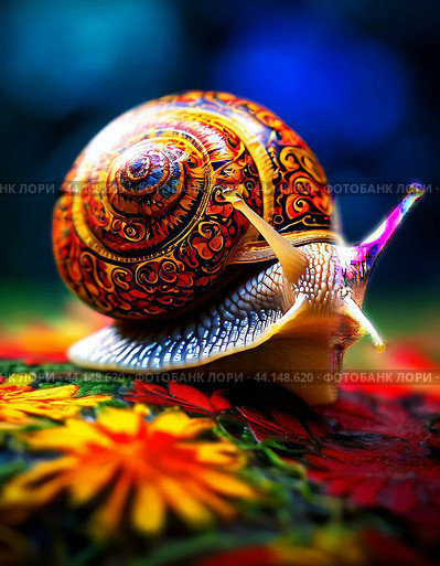 A snail with its house in the Khokhloma style. Стоковое AI-изображение, AI-художник Сергей Елизарьев / Фотобанк Лори