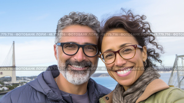 A snapshot of middle age mixed race couple smiling outdoors. Стоковое AI-изображение, AI-художник Анастасия Золотницкая / Фотобанк Лори