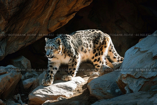A snow leopard displaying its stealth and predatory instincts in the shadows of a rocky landscape. Стоковое AI-изображение, AI-художник Veniamin Kraskov / Фотобанк Лори