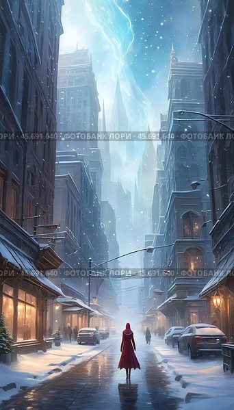 A snowstorm covers a charming city street as the evening sky glows with warm hues. Snowflakes drift softly to the ground, blanketing a tranquil winter scene. Generative AI. Стоковое AI-изображение, AI-художник Юлия Петровская / Фотобанк Лори
