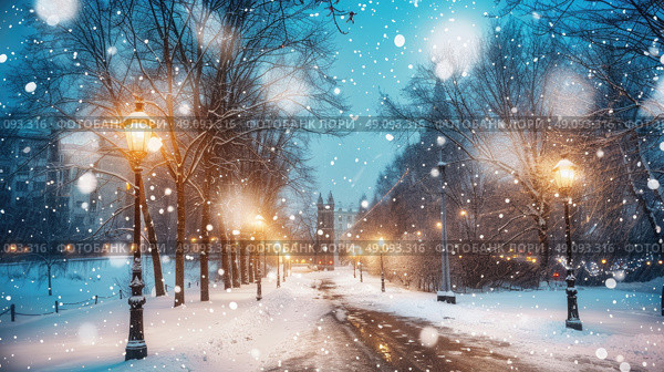 A snowy evening street scene with illuminated lamp posts lining the sides of a snow-covered path. The path leads to a distant church, and the falling snow creates a magical atmosphere. Стоковое AI-изображение, AI-художник Данила Большаков / Фотобанк Лори