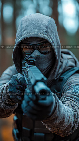 A Solemn Vigilante: Masked Operative Aiming Firearm, Concept of Covert Action. Стоковое AI-изображение, AI-художник Данила Большаков / Фотобанк Лори