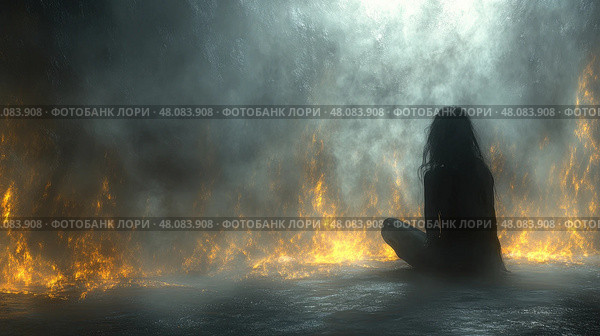 A solitary figure sits quietly in a smoky atmosphere, surrounded by flickering flames, creating a striking contrast with the dark surroundings. Стоковое AI-изображение, AI-художник Данила Большаков / Фотобанк Лори