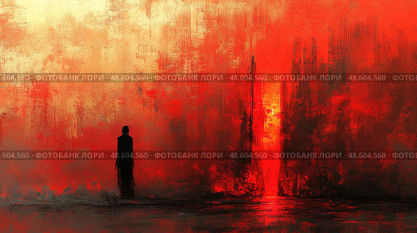 A solitary figure stands against a striking red backdrop, suggesting an atmosphere of introspection and isolation during sunset. Стоковое AI-изображение, AI-художник Данила Большаков / Фотобанк Лори