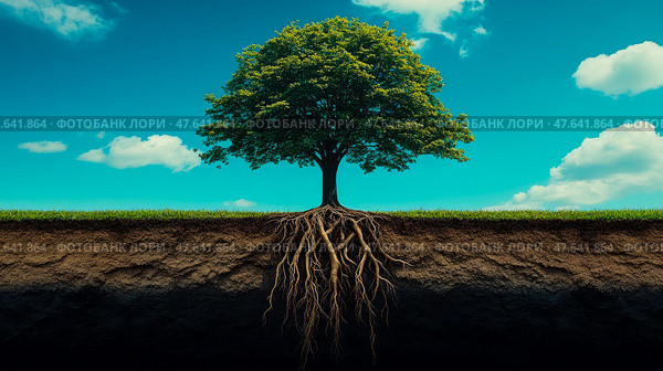 A solitary tree against a vibrant blue sky, its roots revealed beneath the earth. Стоковое AI-изображение, AI-художник Данила Большаков / Фотобанк Лори