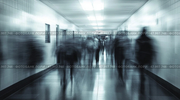A somewhat blurry hospital corridor filled with numerous people walking about on their various errands and duties. Стоковое AI-изображение, AI-художник Anastasy Yarmolovich / Фотобанк Лори