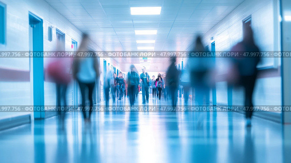 A somewhat blurry hospital corridor filled with numerous people walking about on their various errands and duties. Стоковое AI-изображение, AI-художник Anastasy Yarmolovich / Фотобанк Лори