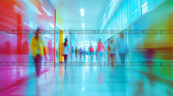 A somewhat blurry hospital corridor filled with numerous people walking about on their various errands and duties. Стоковое AI-изображение, AI-художник Anastasy Yarmolovich / Фотобанк Лори