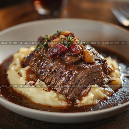 A sophisticated dish featuring a tender, simmered steak served on a bed of fluffy mashed potatoes. The meat is a rich brown with a luscious glaze of sauce that generously coats the dish. Finely chopped vegetables and bacon bits are added on top, giving the dish additional texture and flavor. A decorative sprig of fresh herbs completes the composition. The atmosphere of the photo is cozy, with warm lighting, reminiscent of a fine dining restaurant. Стоковое AI-изображение, AI-художник Анна Кривицкая / Фотобанк Лори