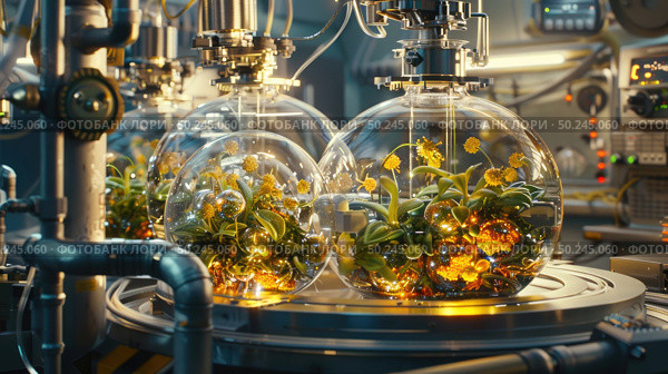 A sophisticated lab setup with plant specimens growing inside illuminated glass vessels, connected by scientific apparatus. Стоковое AI-изображение, AI-художник Данила Большаков / Фотобанк Лори