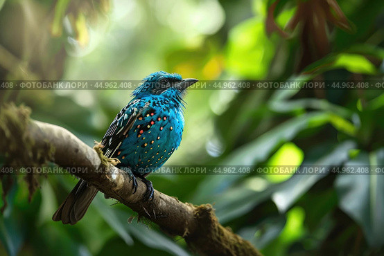 A Spangled Cotinga in its natural habitat, perched on a branch amidst lush tropical foliage. Стоковое AI-изображение, AI-художник Veniamin Kraskov / Фотобанк Лори