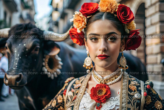 A Spanish girl in a traditional Spanish national costume. Against the background of a bull. Bullfighting. The portrait symbolizes the traditions and culture of the people of Spain. Стоковое AI-изображение, AI-художник Photojuli / Фотобанк Лори