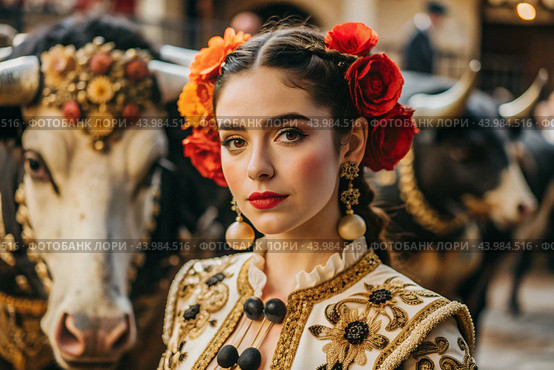 A Spanish girl in a traditional Spanish national costume. Against the background of a bull. Bullfighting. The portrait symbolizes the traditions and culture of the people of Spain. Стоковое AI-изображение, AI-художник Photojuli / Фотобанк Лори
