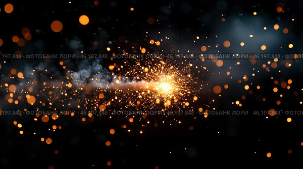 A spectacular moment of sparking and flying fire particles. The central point of the flash stands out against the dark background, creating a contrast between the bright, golden-orange sparks and the black background. Many small sparks scatter in different directions, giving the picture dynamism and a sense of movement. The smoke formed during combustion complements the atmosphere of warmth and energy. Стоковое AI-изображение, AI-художник Анна Кривицкая / Фотобанк Лори