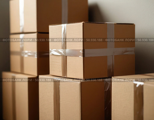 A stack of cardboard boxes with tape on the top. Стоковое AI-изображение, AI-художник Ярославский Максим / Фотобанк Лори
