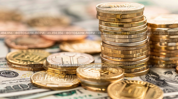 A stack of gold coins placed on a mound of paper money, representing wealth and financial prosperity. Стоковое AI-изображение, AI-художник Данила Большаков / Фотобанк Лори