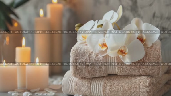 A stack of towels adorned with flowers and candles is elegantly arranged on a table. Стоковое AI-видео, аниматор Юрий Поздников / Фотобанк Лори