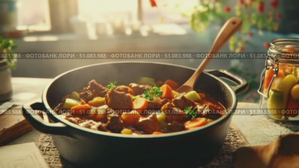 A steaming pot of beef stew with carrots and potatoes sits on a wooden table. Sunlight streams through a window, illuminating the dish. Стоковое AI-видео, аниматор Nart / Фотобанк Лори