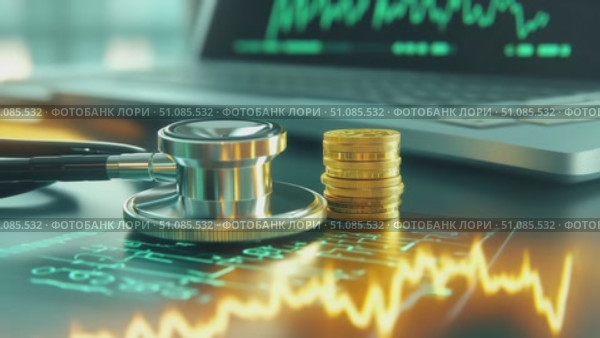 A stethoscope rests on a digital screen displaying health data. Nearby, stacks of gold coins symbolize financial growth. The scene represents health and finance integration. Стоковое AI-видео, аниматор Nart / Фотобанк Лори