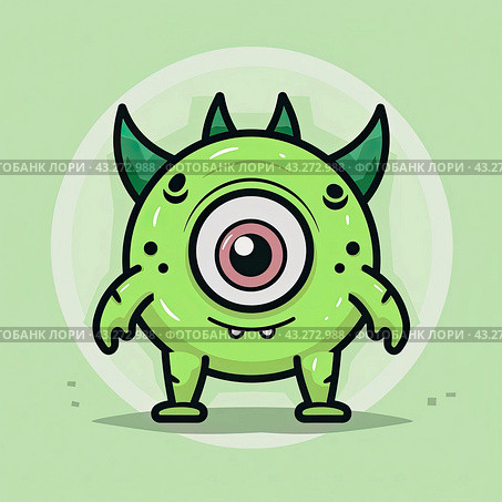A sticker with a cartoon one-eyed green monster. The material for the design. Стоковое AI-изображение, AI-художник Ярославский Максим / Фотобанк Лори