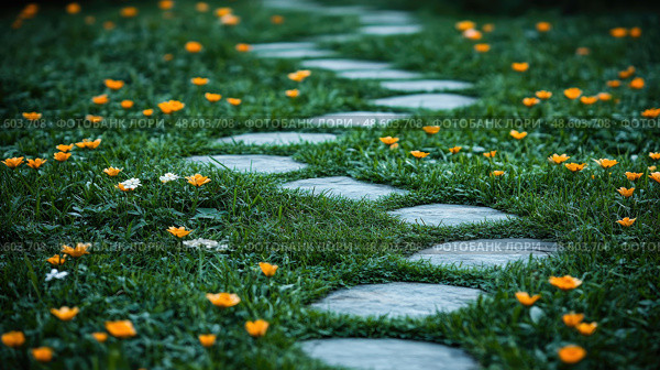 A stone pathway meanders through a garden vibrant with yellow flowers, creating a serene atmosphere in the early morning light. Стоковое AI-изображение, AI-художник Данила Большаков / Фотобанк Лори