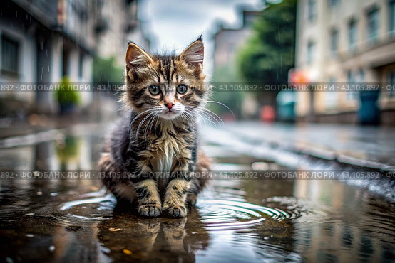 A stray animal. A wet, sad, abandoned, hungry kitten is sitting in a puddle in the rain. Shelter, rescue, help charity, donations for homeless animals. Стоковое AI-изображение, AI-художник Photojuli / Фотобанк Лори