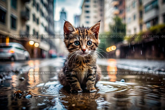 A stray animal. A wet, sad, abandoned, hungry kitten is sitting in a puddle in the rain. Shelter, rescue, help charity, donations for homeless animals. Стоковое AI-изображение, AI-художник Photojuli / Фотобанк Лори