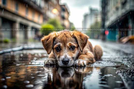 A stray animal. A wet, sad, abandoned, hungry puppy lies in a puddle in the rain. Shelter, rescue, help charity, donations for homeless animals. Стоковое AI-изображение, AI-художник Photojuli / Фотобанк Лори