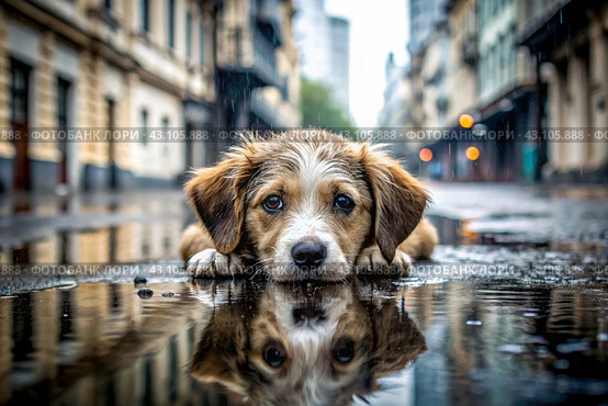 A stray animal. A wet, sad, abandoned, hungry puppy lies in a puddle in the rain. Shelter, rescue, help charity, donations for homeless animals. Стоковое AI-изображение, AI-художник Photojuli / Фотобанк Лори