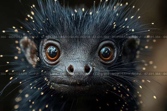 A stunning close-up of a mysterious animal with black shiny skin, thick bristly whiskers and large expressive eyes. This exotic little creature looks both curious and charming, like a character from a sci-fi movie. The dark background enhances the dramatic effect and focuses attention on the face. Ideal for wildlife, exotic, biology, conceptual and surreal projects. Стоковое AI-изображение, AI-художник Анна Кривицкая / Фотобанк Лори