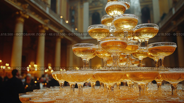 A stunning display of a champagne tower made of sparkling glasses, brightly lit during an elegant celebration in a historic setting. Стоковое AI-изображение, AI-художник Данила Большаков / Фотобанк Лори