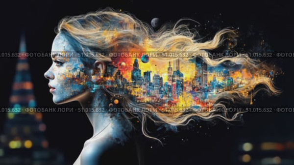 A stunning visual blends a graceful silhouette of a woman with a vibrant cityscape, showcasing a creative fusion of urban life and serenity. Стоковое AI-видео, аниматор Данила Большаков / Фотобанк Лори